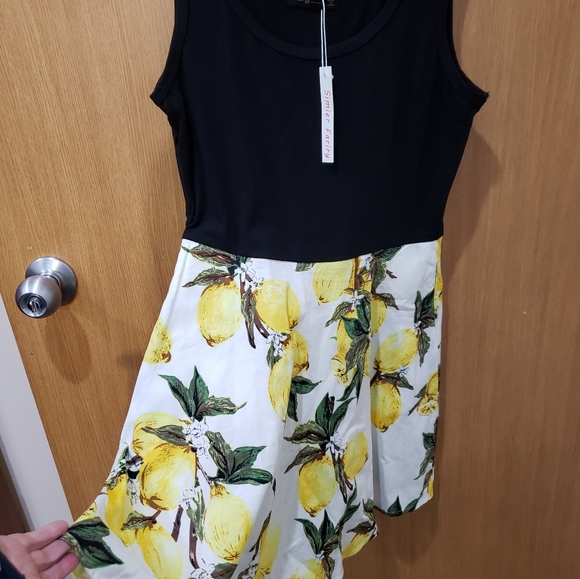 Simier Fariry, NWT, Sleeveless Tank Mini Fit & Flare Dress, Yellow Lemons/Black - Picture 12 of 16